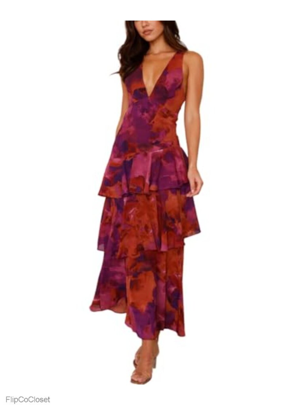 Women's Deep V Neck Backless Floral Maxi Dress w/ Ruffles for Wedding Party